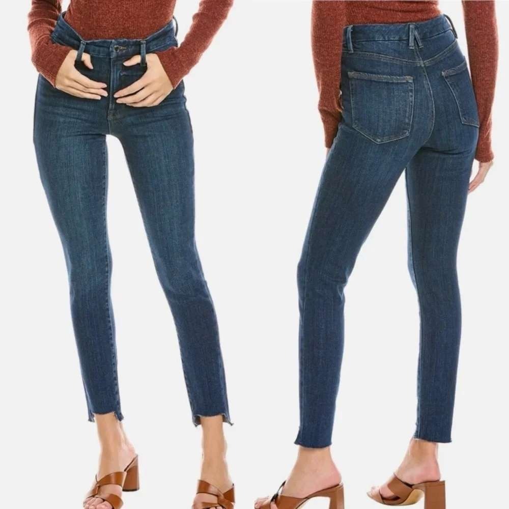 GOOD AMERICAN 16 Step Hem High Rise Jeans Slim Fit Raw Hem Dark Wash